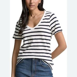 Faherty Navy and White Striped V-Neck Top